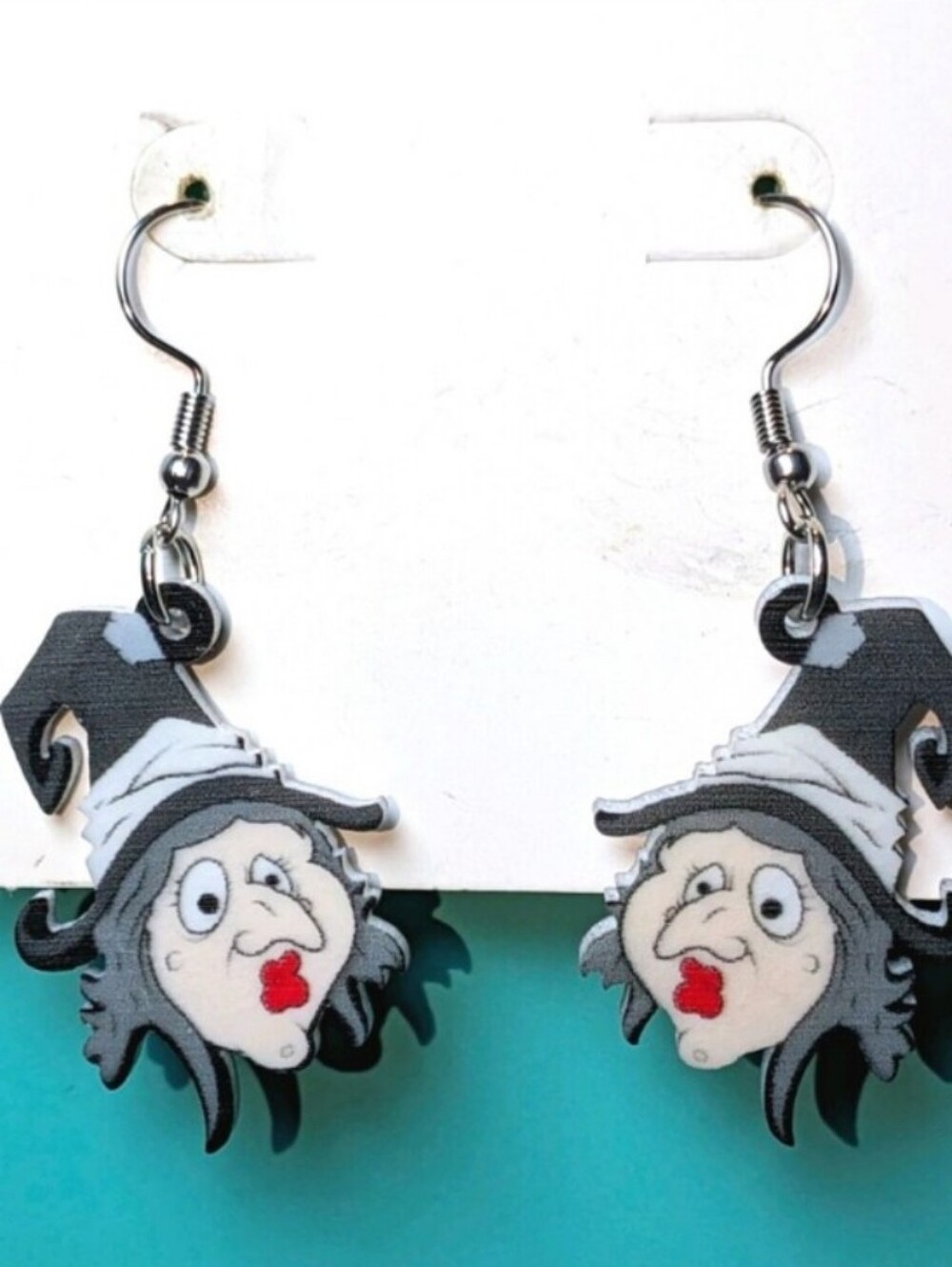 Novelty Witch Face Dangle Earrings - Black and White